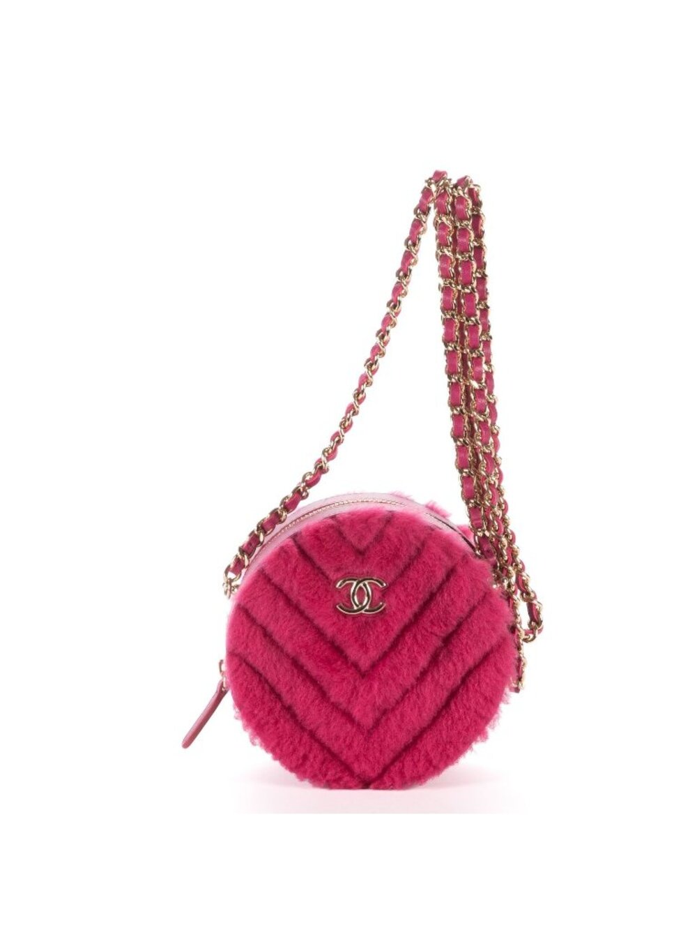 Chanel 19 Round Clutch Chain Shoulder Bag Pink Sheep Fur